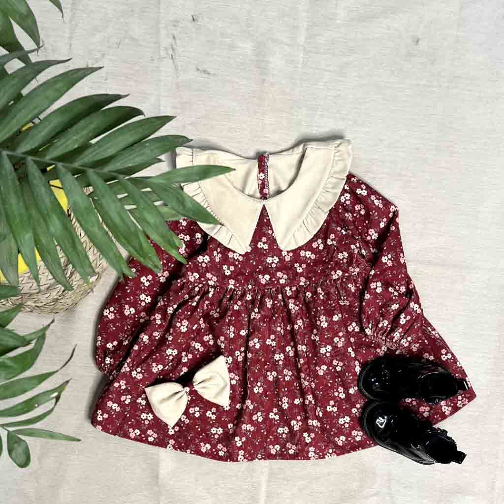 پیراهن دخترانه مخمل کبریتی و پاپیون